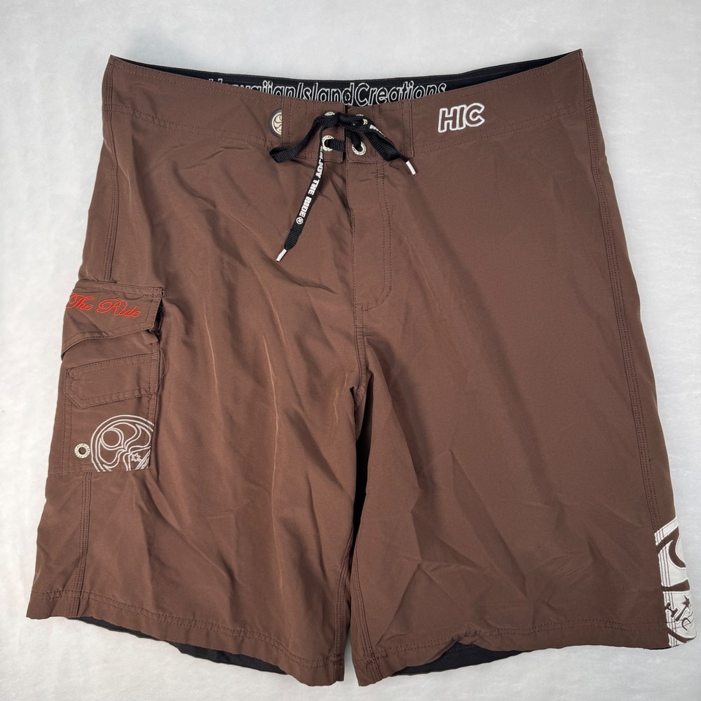 Hawaiian Island Creations HIC Brown Board Shorts Men's 36 Surf Swim Trunks Y2K